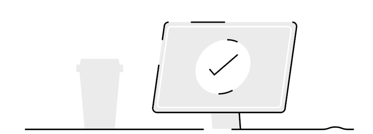 Illustration of a computer with a checkmark on the screen and a coffee cup sitting next to the computer